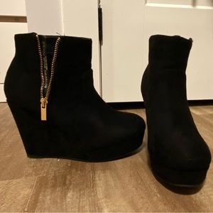 Black Faux Suede Wedge Heel Boots